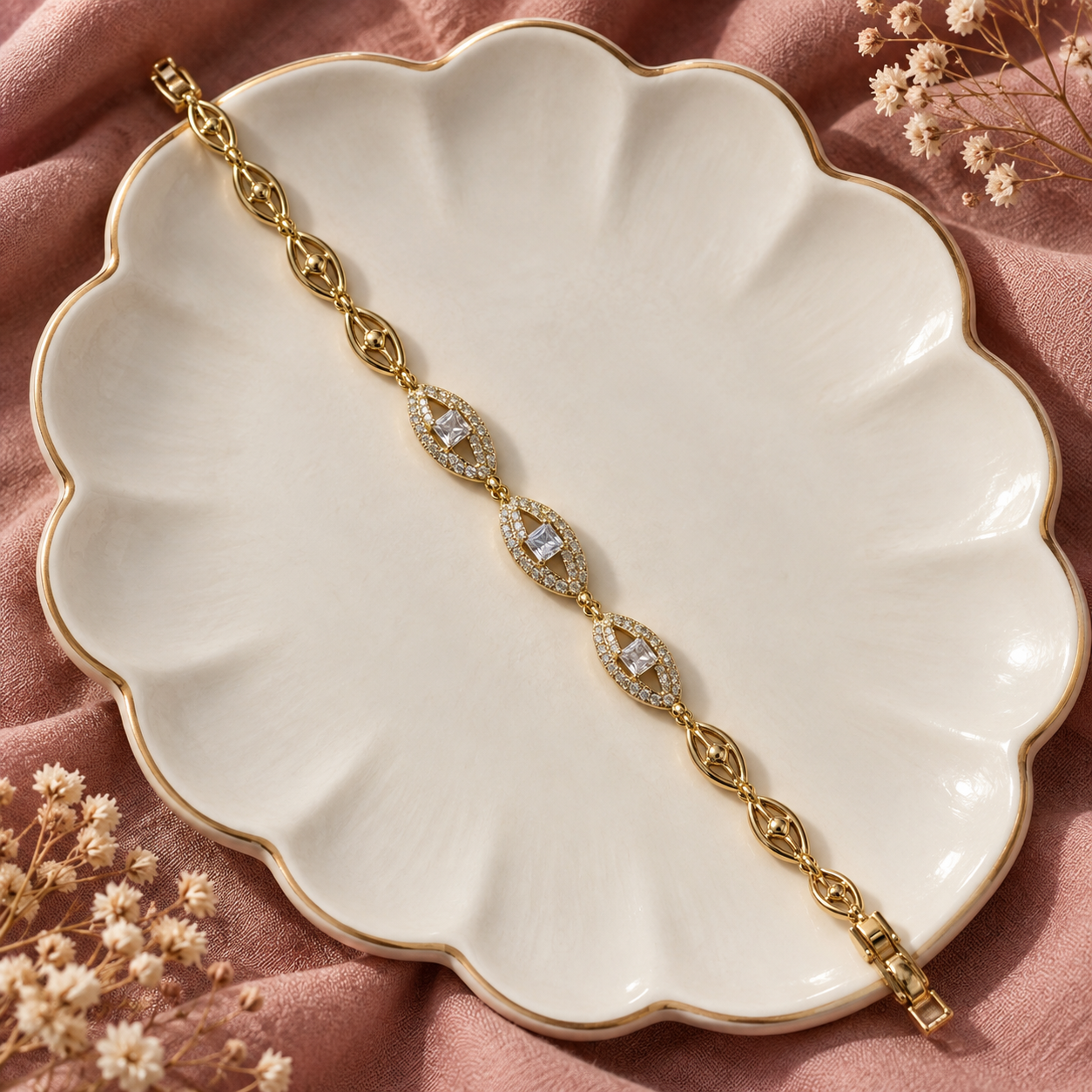 Üç Oval Motifli Taş Bileklik – Gold