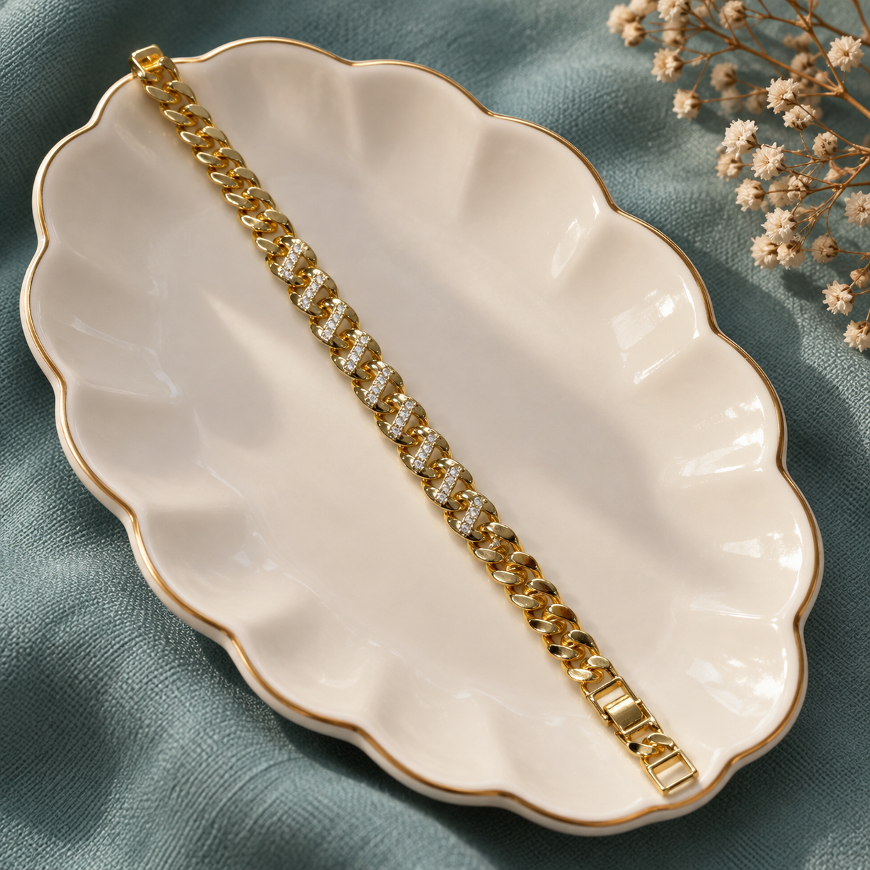Ortası Taşlı Zincir Bileklik – Gold