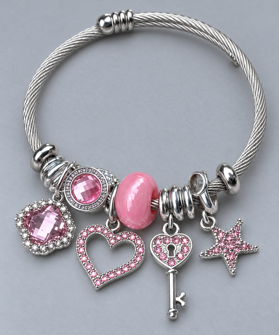 Pembe Kalp Anahtar Bileklik – Yıldızlı