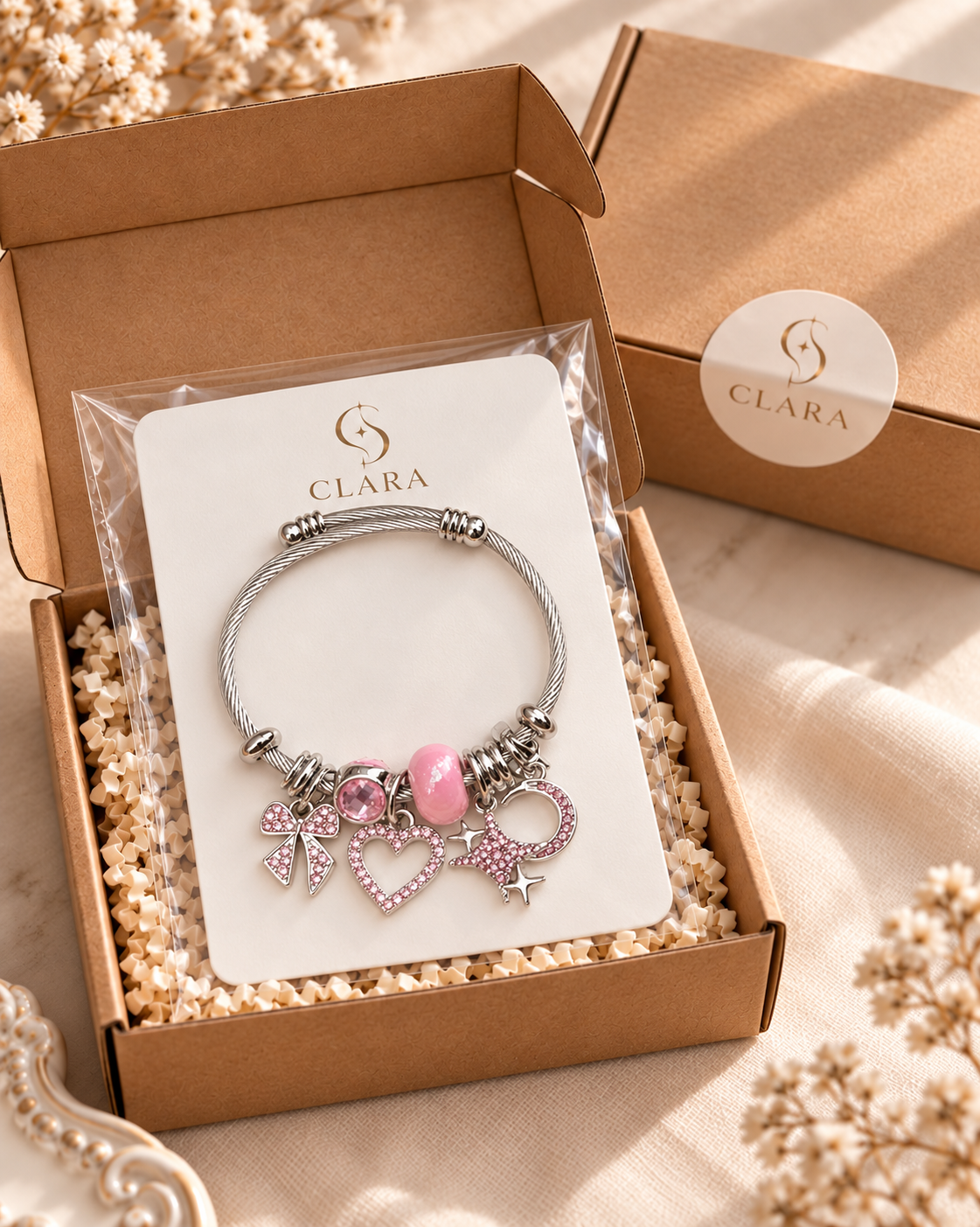 Kalp Yıldız Ay Charm Bileklik – Pembe
