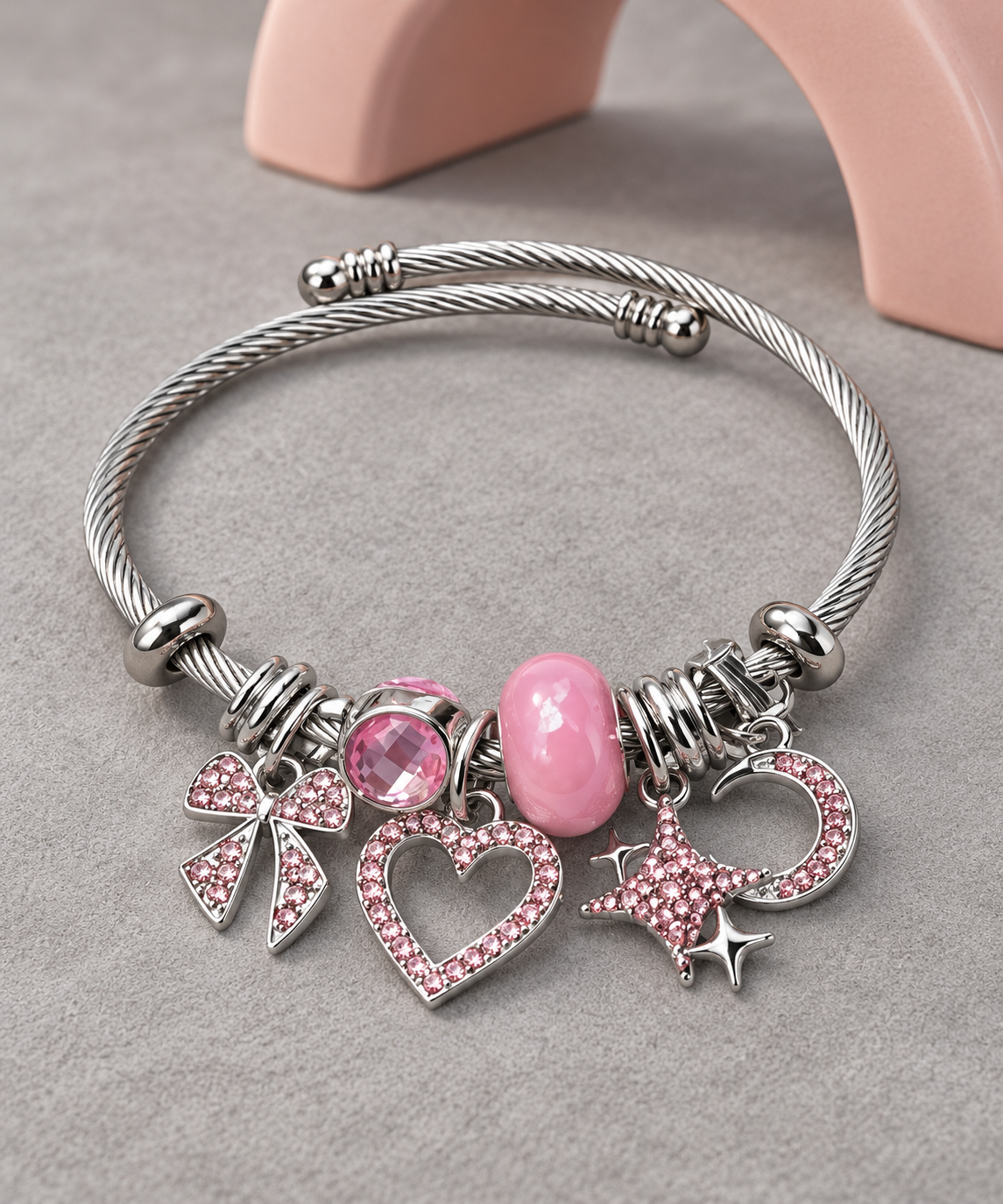 Kalp Yıldız Ay Charm Bileklik – Pembe